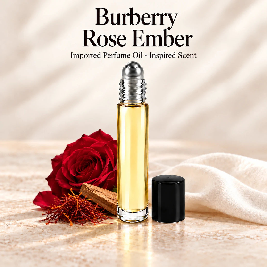 Burberry Rose Ember Perfume Oil in a slim glass roll-on bottle with a silver roller and black cap on an ivory stone surface.
