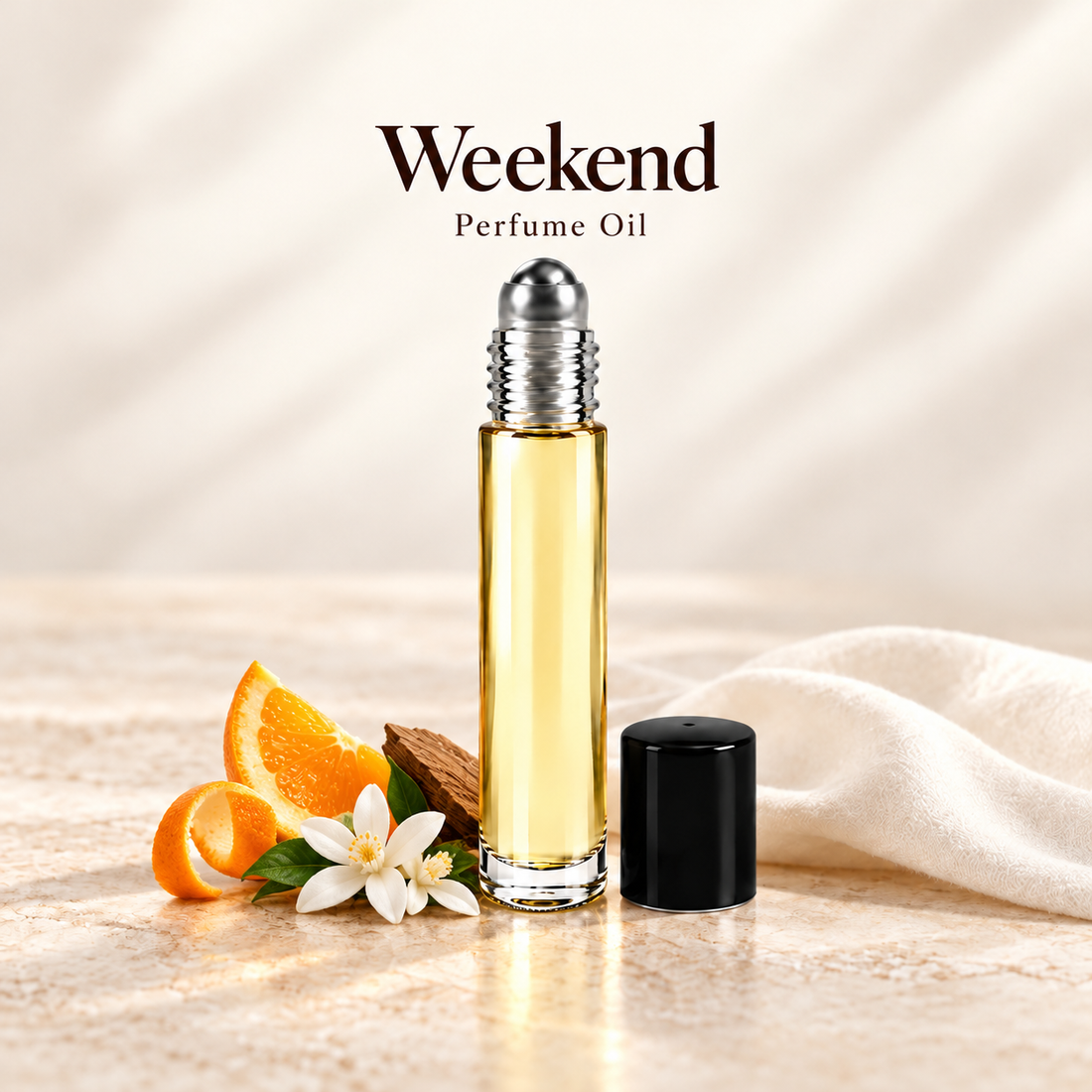 Burberry Weekend Perfume Oil with simple scent note accents on soft ivory