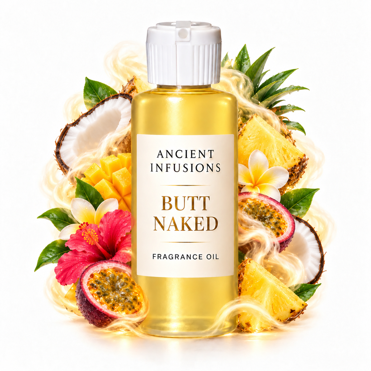 Butt Naked Fragrance Oil by Ancient Infusions in a golden oil bottle with scent artwork