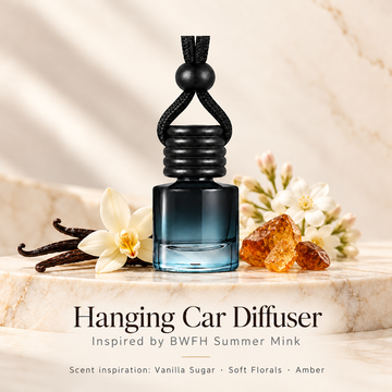 BWFH Summer Mink inspired hanging car diffuser on ivory stone with vanilla, soft floral and amber scent illustrations