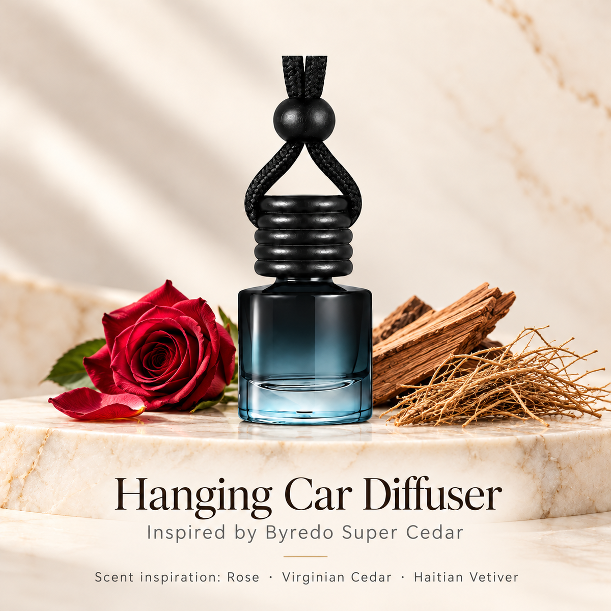 Hanging car diffuser inspired by Byredo Super Cedar, with scent illustrations on warm ivory stone