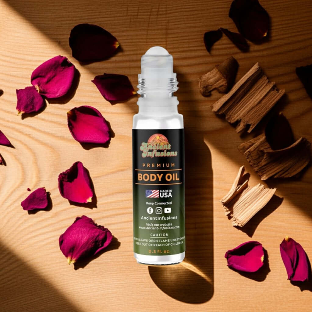 Byredo Super Cedar Inspired Body Oil bottle with rose petals and cedarwood pieces on a wooden surface.