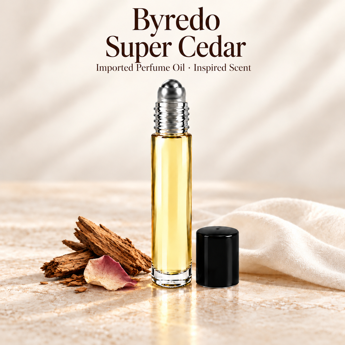 Byredo Super Cedar Perfume Oil with minimal fragrance note accents on soft ivory