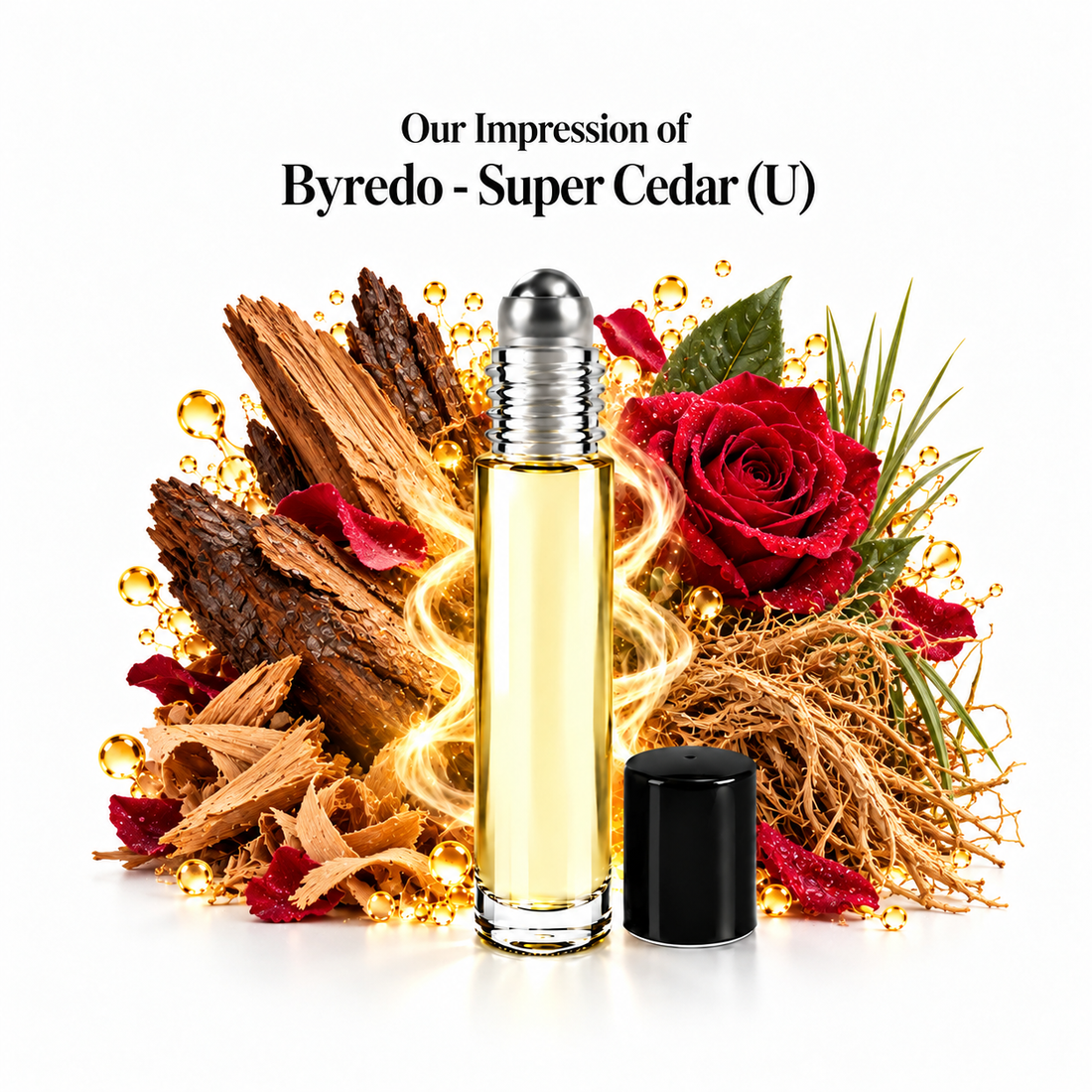Our impression of Byredo - Super Cedar Perfume Oil with fragrance notes on white