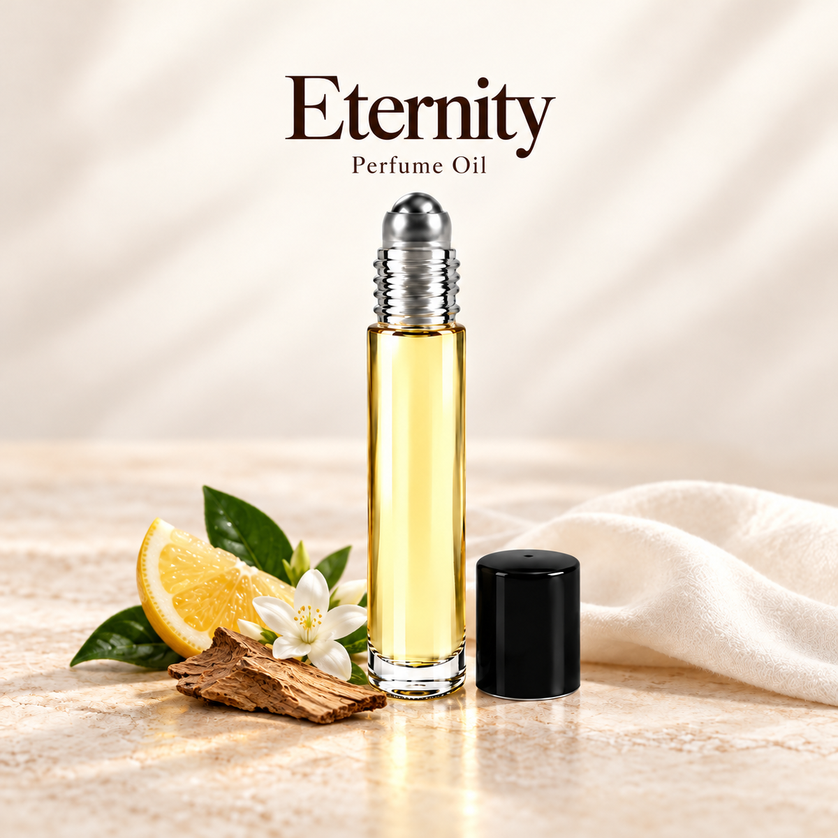 Calvin Klein Eternity Perfume Oil with simple scent note accents on soft ivory