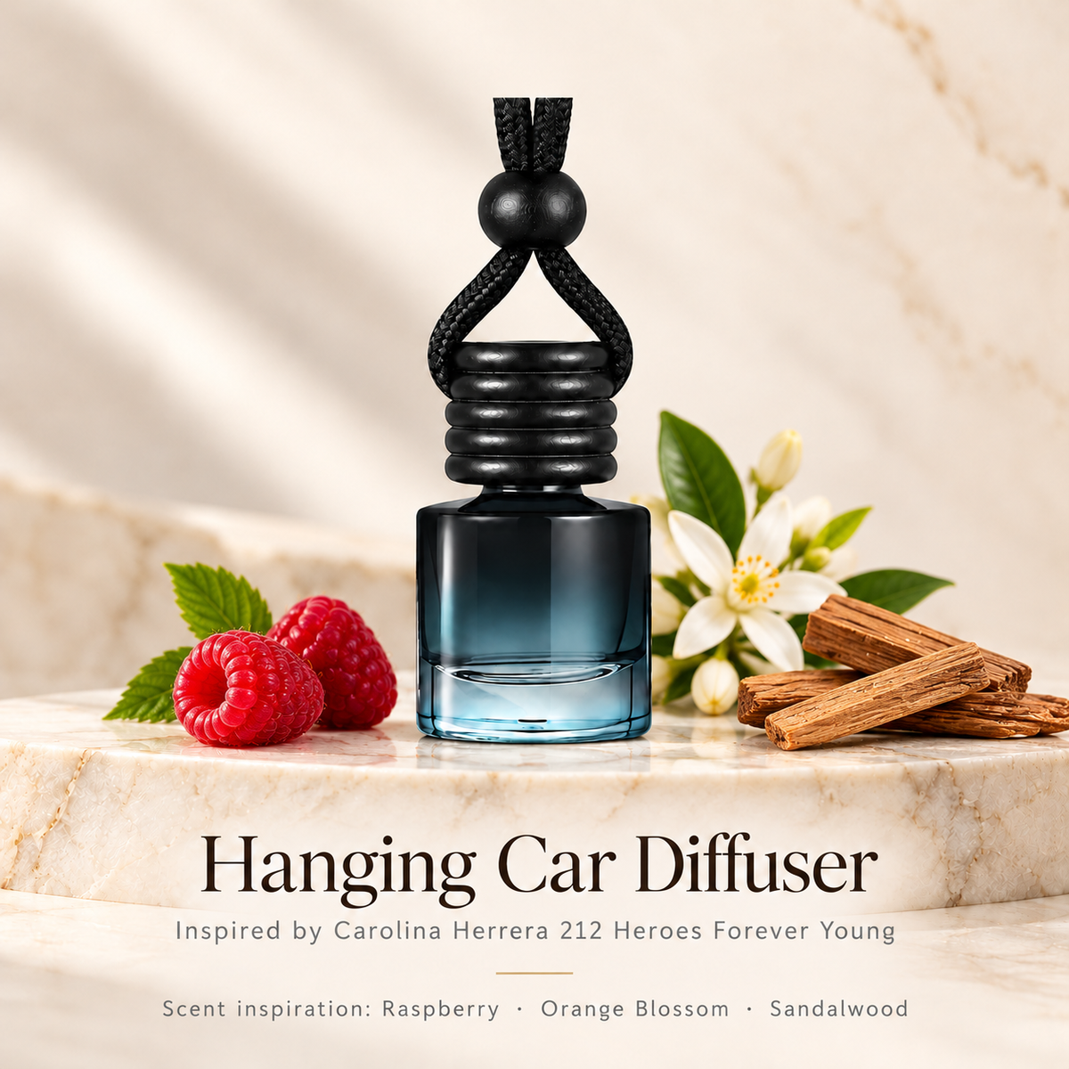 Hanging car diffuser inspired by Carolina Herrera 212 Heroes Forever Young, with scent illustrations on warm ivory stone