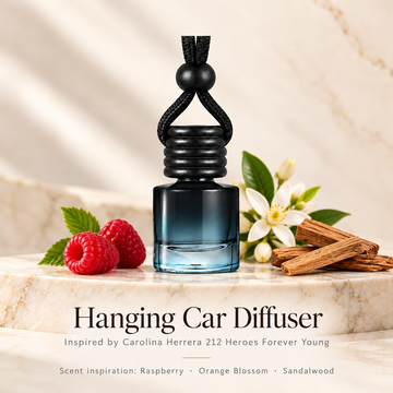 Hanging car diffuser inspired by Carolina Herrera 212 Heroes Forever Young, with scent illustrations on warm ivory stone