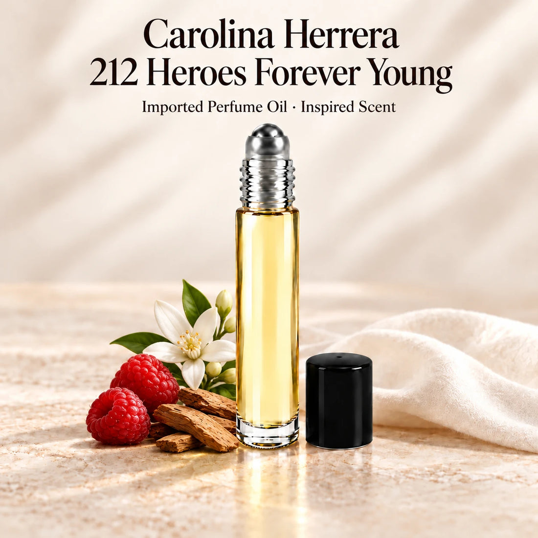 Carolina Herrera 212 Heroes Forever Young Perfume Oil in a slim glass roll-on bottle with a silver roller and black cap on an ivory stone surface.