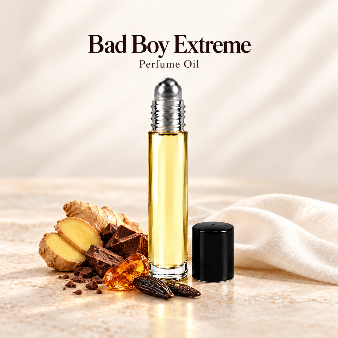 Carolina Herrera Bad Boy Extreme Perfume Oil with simple scent note accents on soft ivory