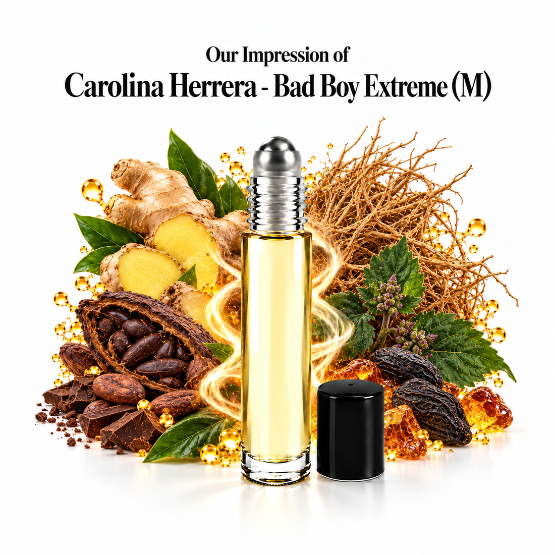Carolina Herrera Bad Boy Extreme Perfume Oil roll-on with scent-note imagery