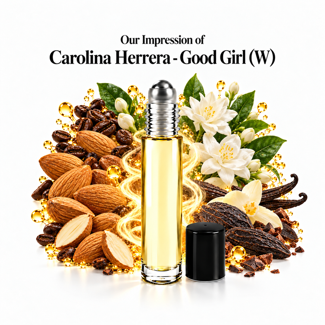 Carolina Herrera Good Girl Perfume Oil roll-on with scent-note imagery