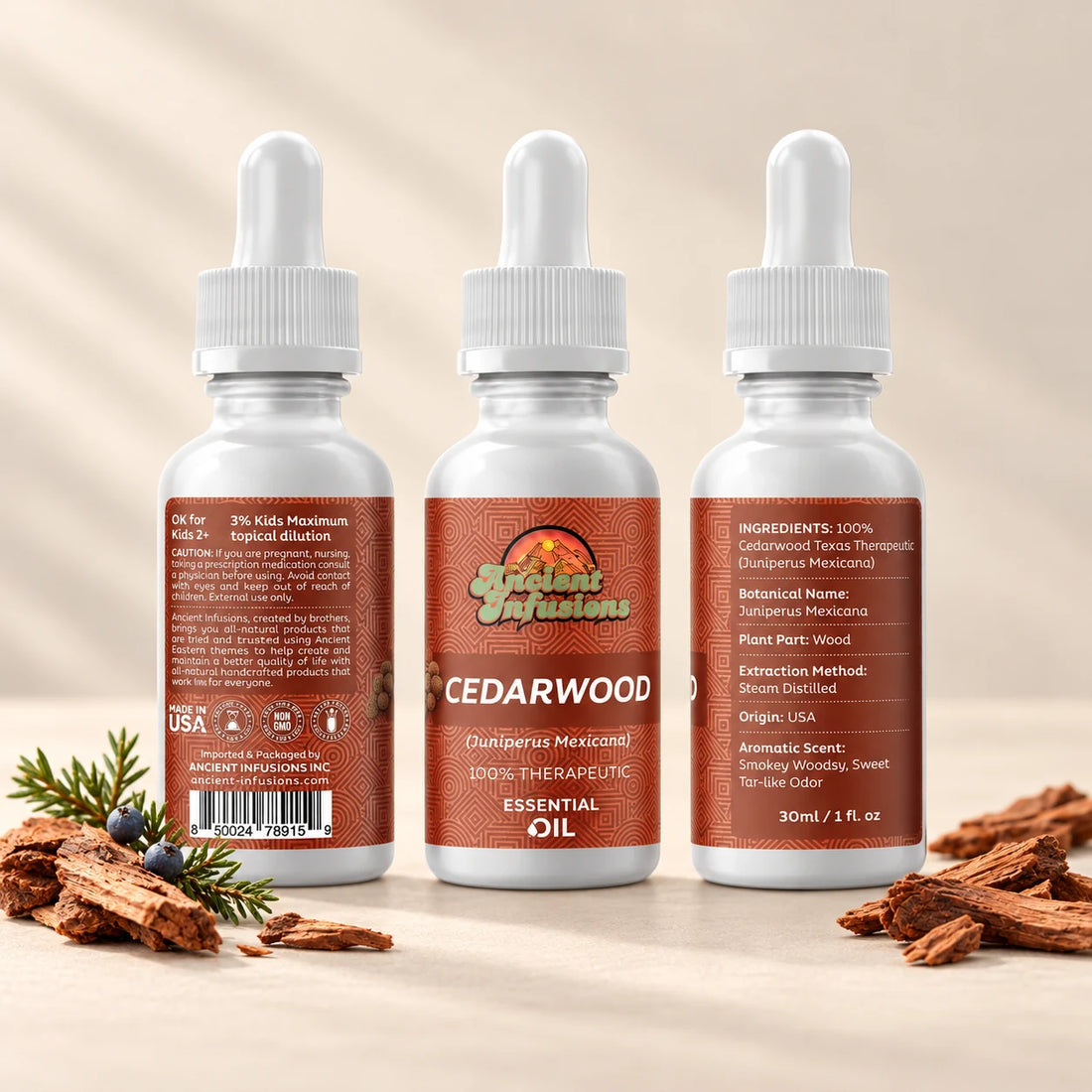 Ancient Infusions Cedarwood Texas Essential Oil bottle with botanicals on a soft ivory background.