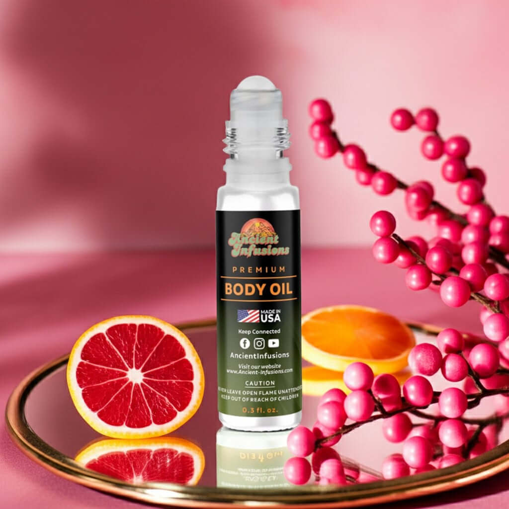 Bath & Body Works Champagne Toast Inspired Body Oil with citrus and berries on a pink background