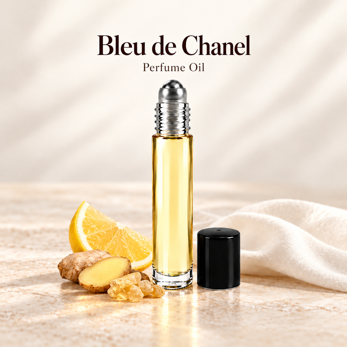 Chanel Bleu de Chanel Perfume Oil with simple scent note accents on soft ivory