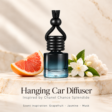 Hanging car diffuser inspired by Chanel Chance Splendide, with scent illustrations on warm ivory stone