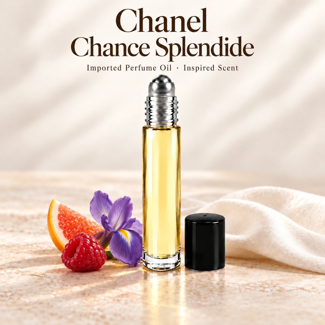 Chanel Chance Splendide Perfume Oil with minimal fragrance note accents on soft ivory