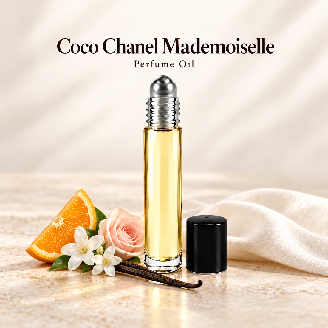Chanel Coco Chanel Mademoiselle Perfume Oil with simple scent note accents on soft ivory
