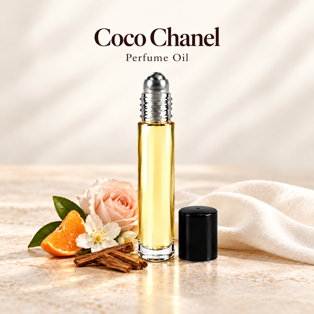 Chanel Coco Chanel Perfume Oil with simple scent note accents on soft ivory