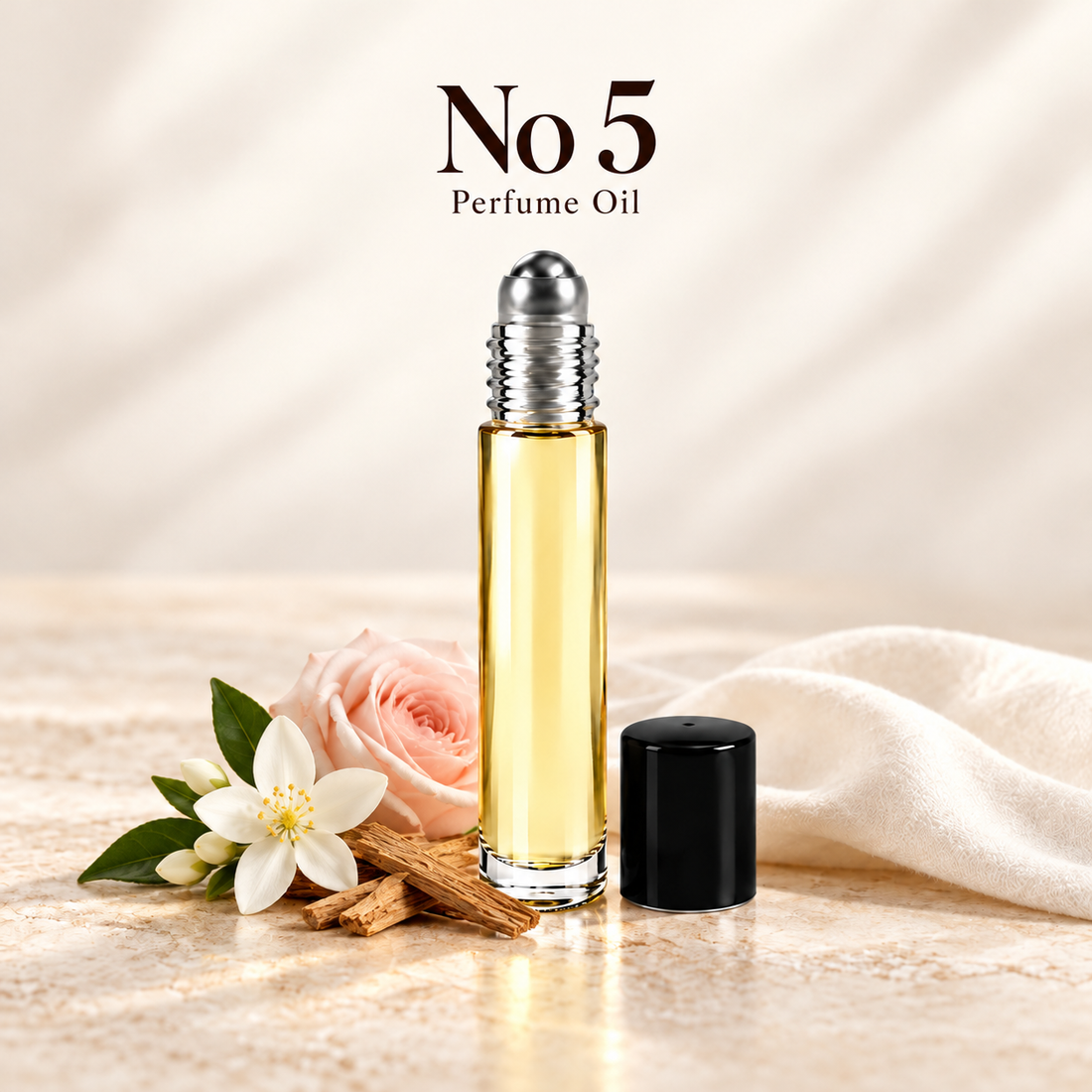 Chanel No 5 Perfume Oil with simple scent note accents on soft ivory