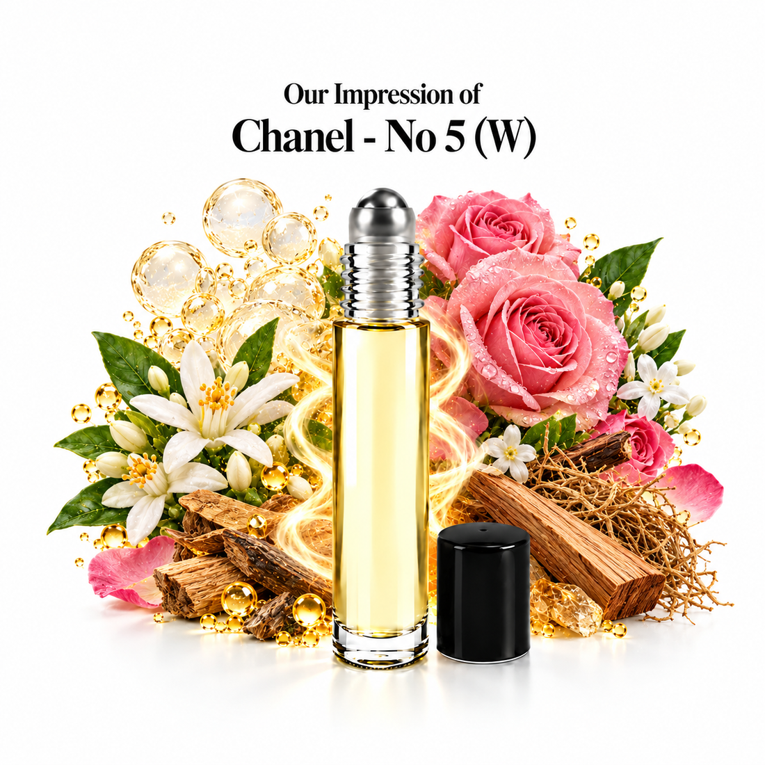 Chanel No 5 Perfume Oil roll-on with scent-note imagery