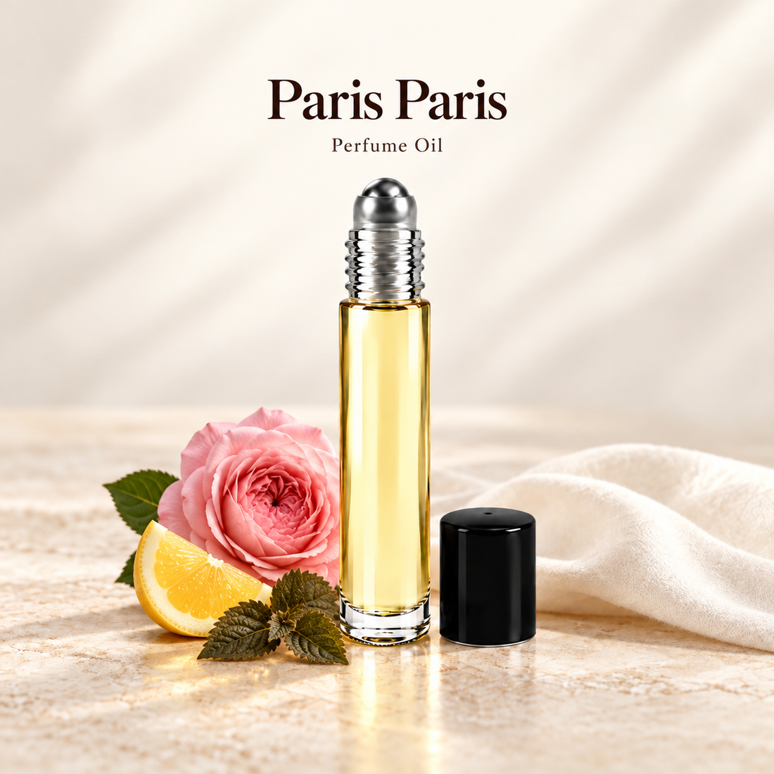 Chanel Paris Paris Perfume Oil with simple scent note accents on soft ivory