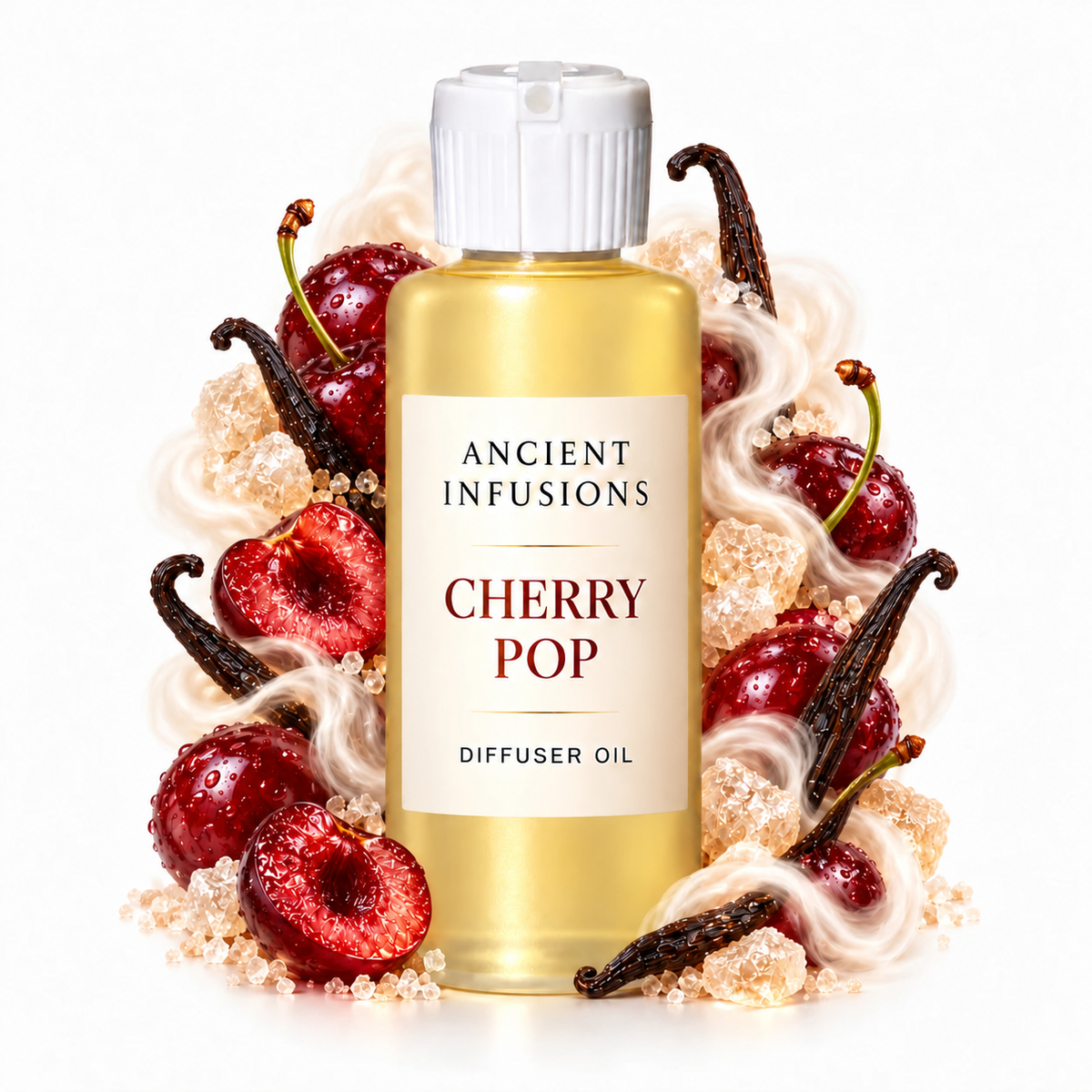 Cherry Pop Diffuser Oil by Ancient Infusions with golden oil, white cap and matching scent artwork