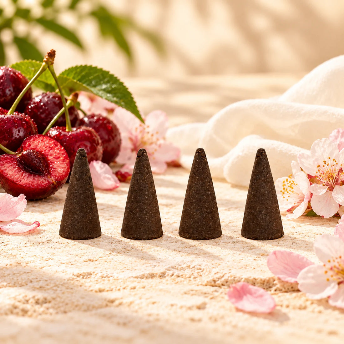 Cherry Pop incense cones with cherries and cherry blossoms.