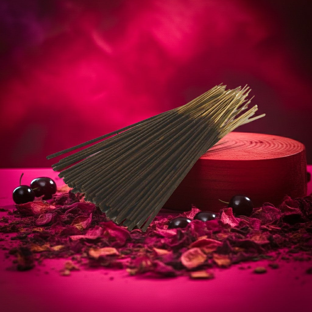 Cherry Pop Incense Sticks with a pink logo on a red surface with dark purple leaves