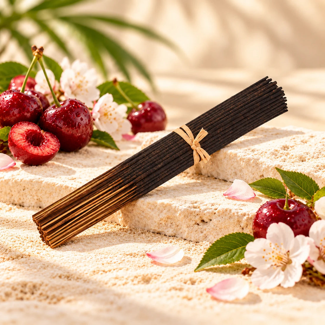 Cherry Pop incense sticks with cherries and cherry blossoms.