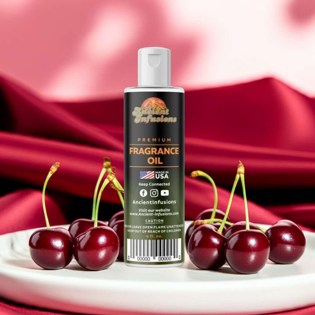 Cherry Pop Fragrance Oil with cherries, a pure and uncut scent for candles and soaps, offering a sweet, playful aroma on a red backdrop.