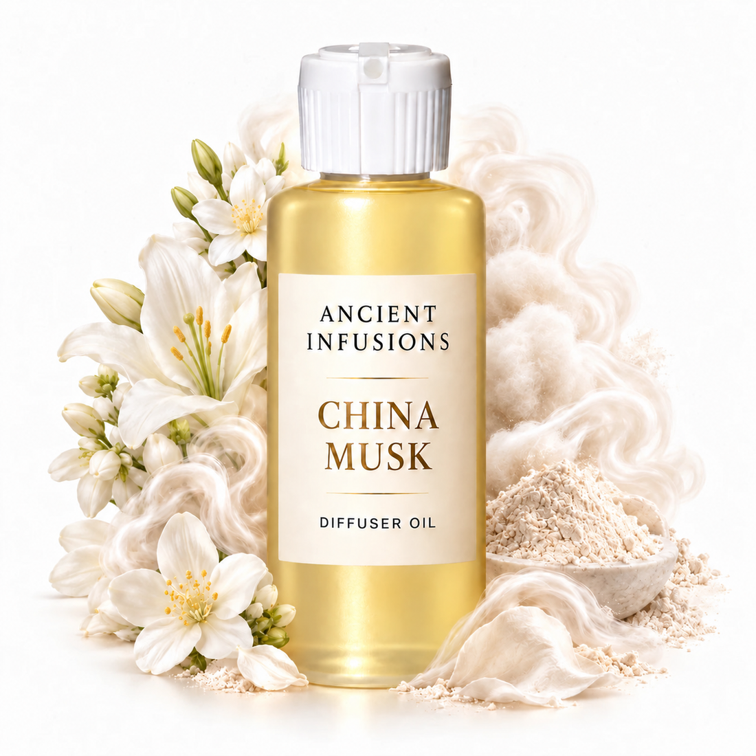 China Musk Diffuser Oil by Ancient Infusions with golden oil, white cap and matching scent artwork