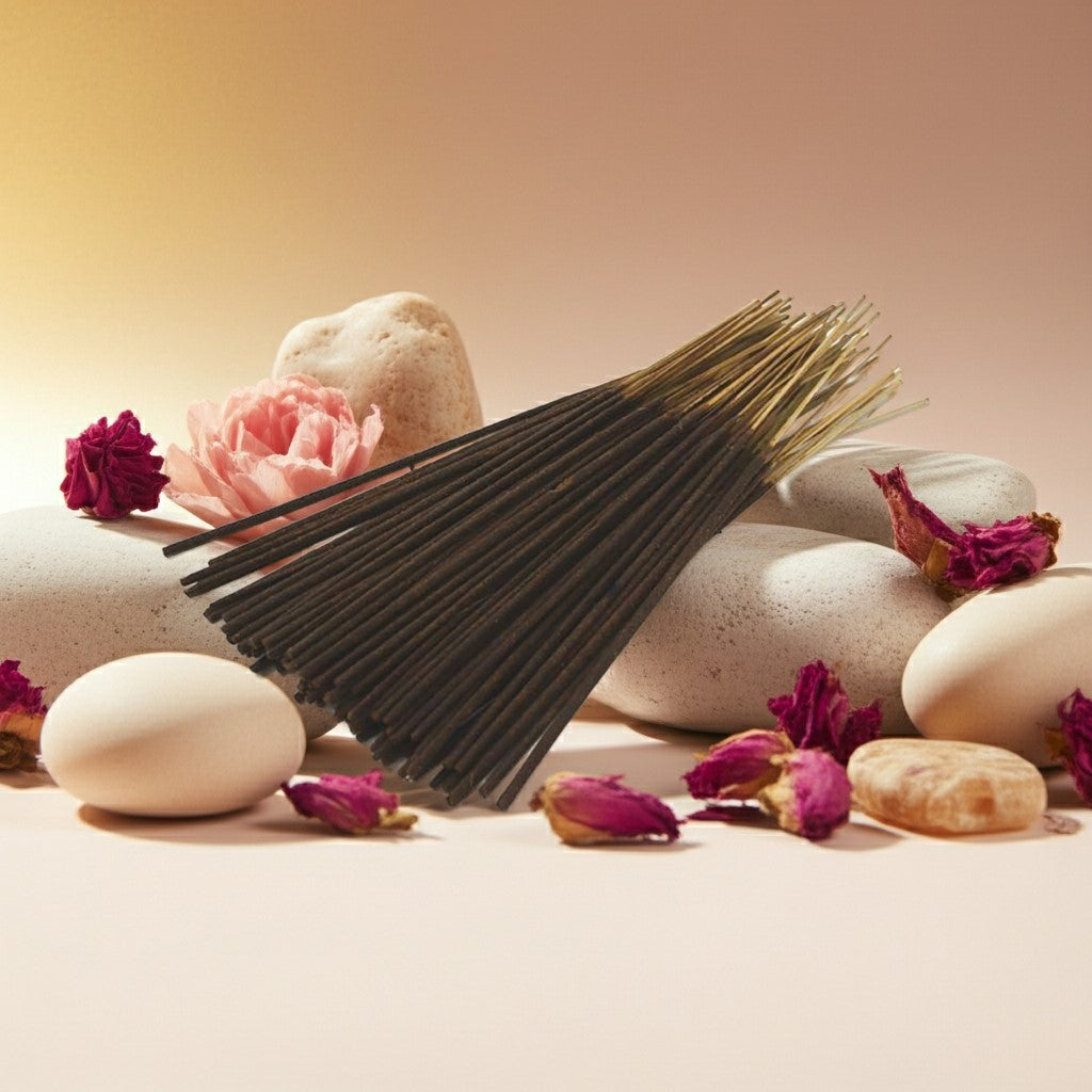 China Musk Incense Sticks with stones and flowers on a soft background