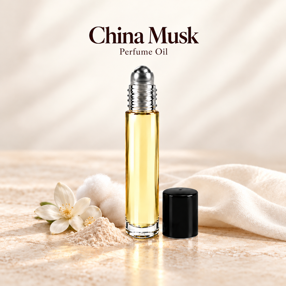 China Musk Perfume Oil with simple scent note accents on soft ivory