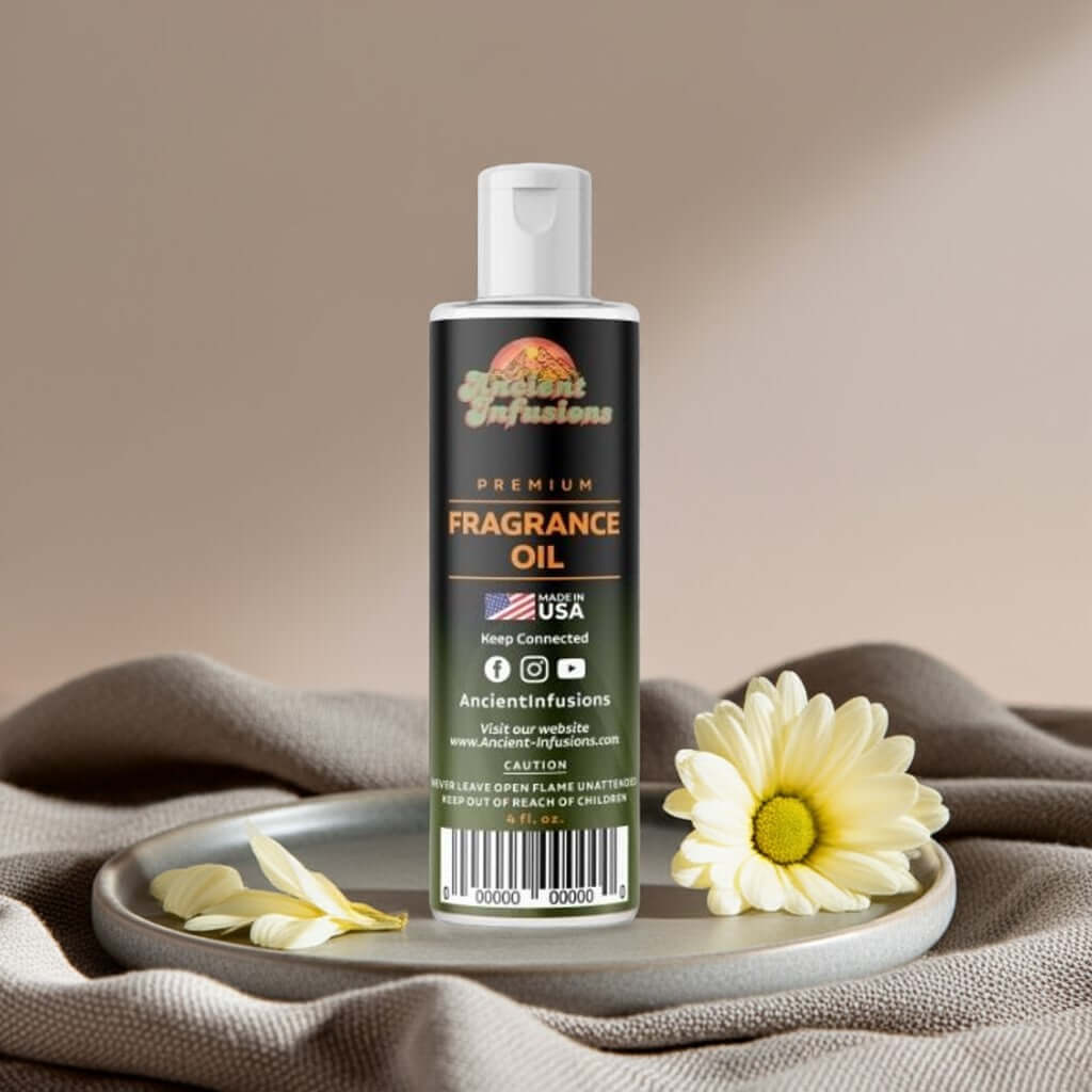 China Musk Fragrance Oil bottle elegantly displayed with daisies on a soft fabric background, showcasing its premium label.