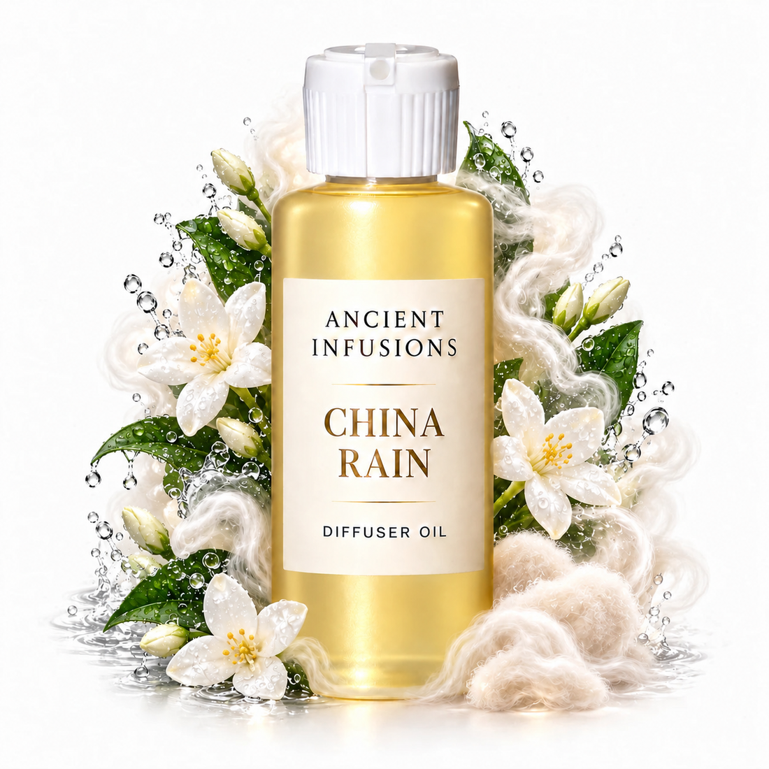 China Rain Diffuser Oil by Ancient Infusions with golden oil, white cap and matching scent artwork