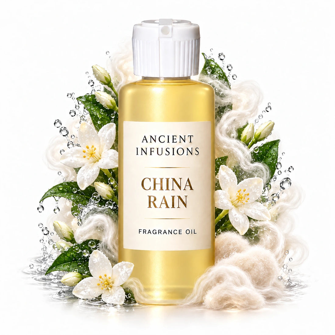 China Rain fragrance oil by Ancient Infusions, with pale yellow oil and a tight halo representing fresh rain, jasmine, musk.