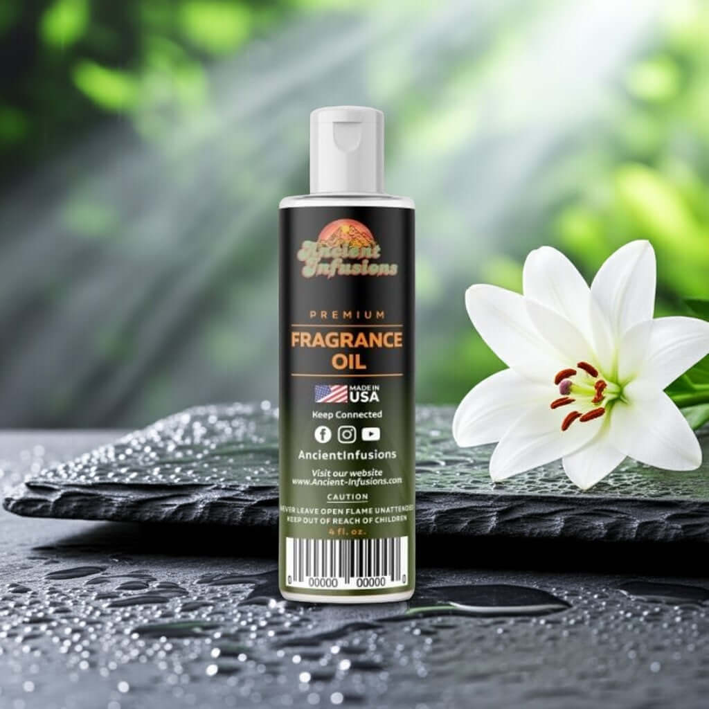 Bottle of China Rain Fragrance Oil on wet stone with white lily, evoking freshness and serenity inspired by spring rain.