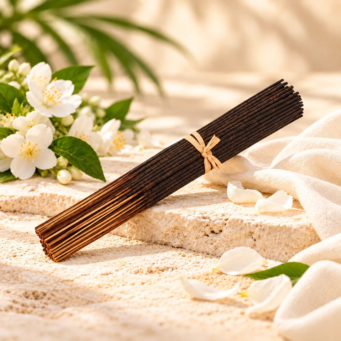 China Rain incense sticks with white flowers and ivory cloth.