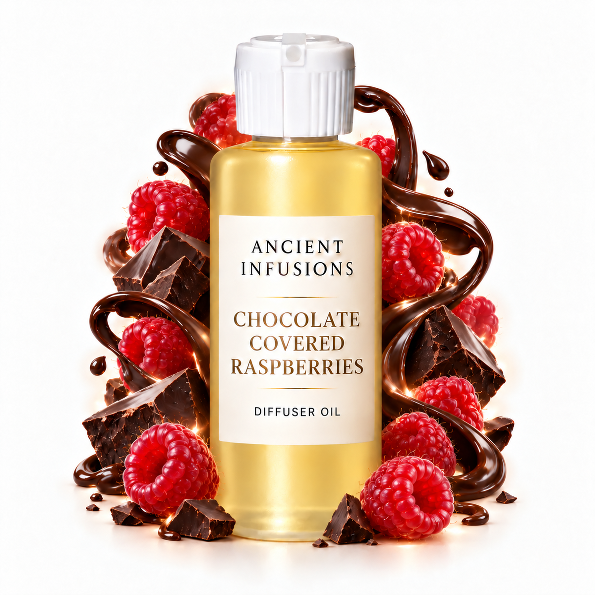 Chocolate Covered Raspberries Diffuser Oil by Ancient Infusions in a golden oil bottle with scent artwork