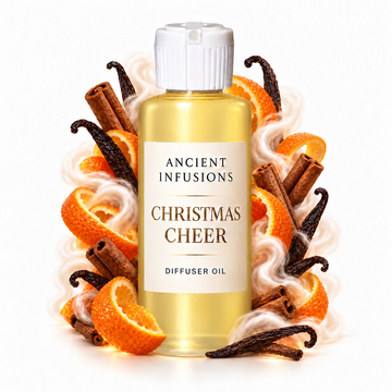 Christmas Cheer Diffuser Oil by Ancient Infusions with golden oil, white cap and matching scent artwork