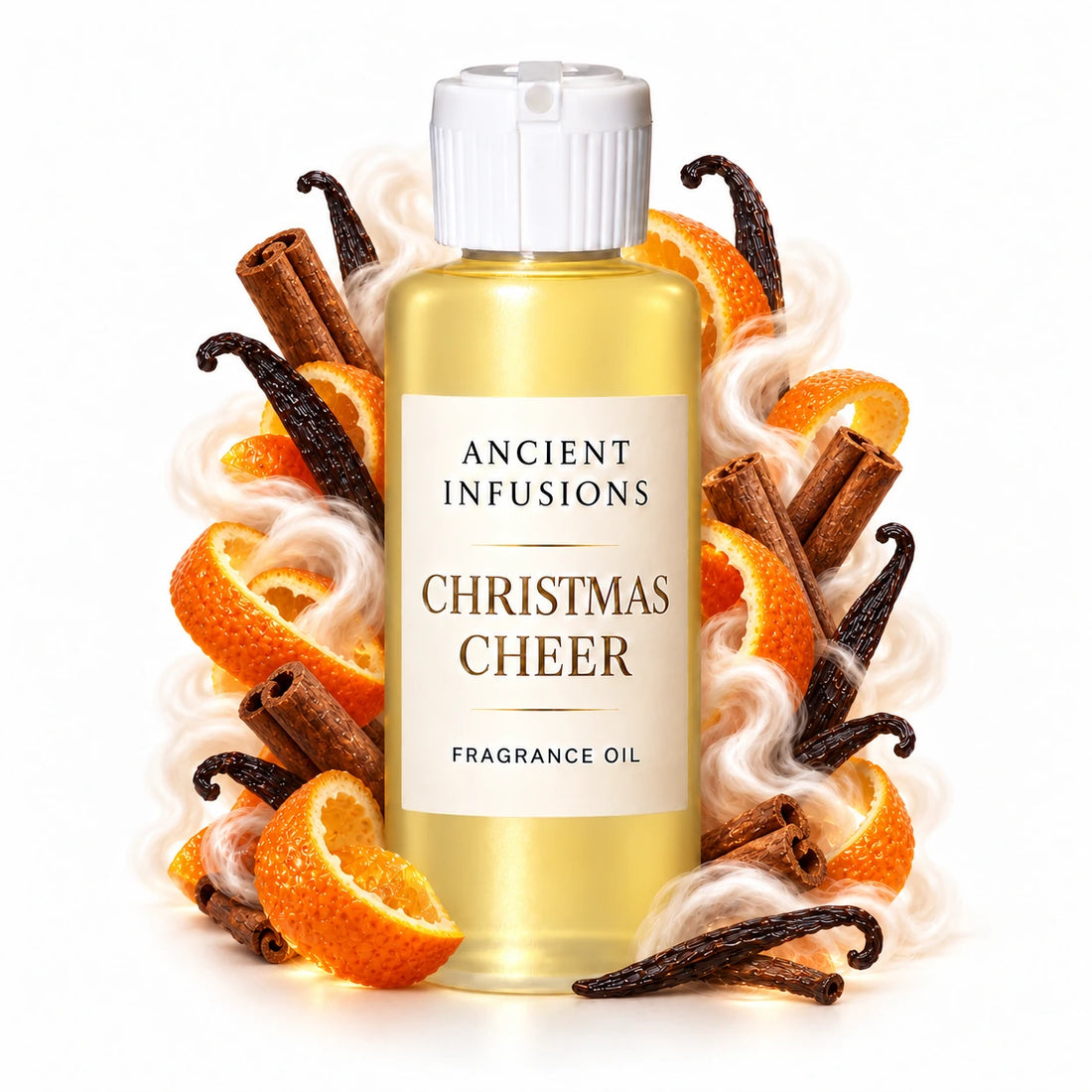 Christmas Cheer fragrance oil by Ancient Infusions, with pale yellow oil and a tight halo representing orange peel, cinnamon, vanilla.