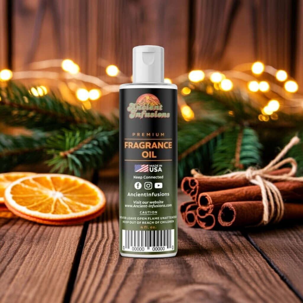 Christmas Cheer fragrance oil bottle with pine cones, cinnamon sticks, and holiday ribbon.