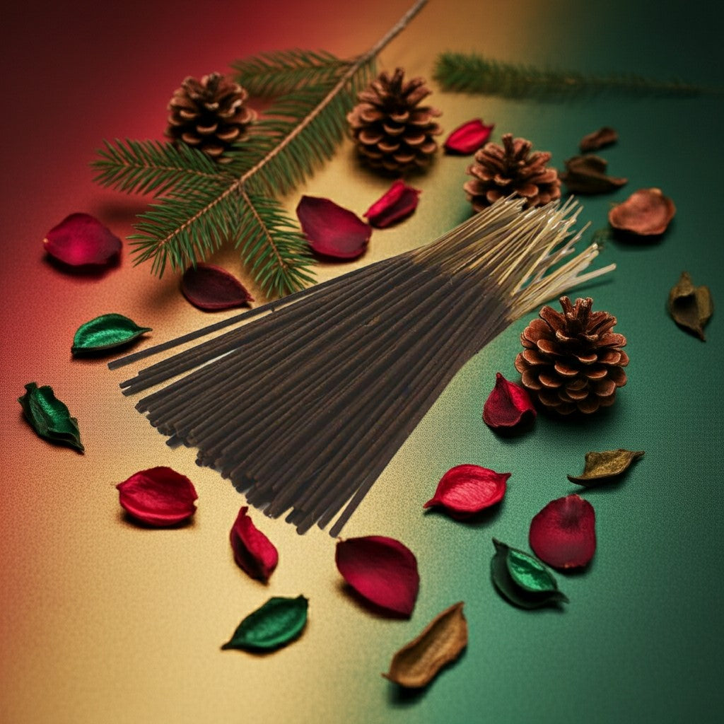 Christmas Cheer Incense Sticks with a red logo on a background of pine cones and greenery
