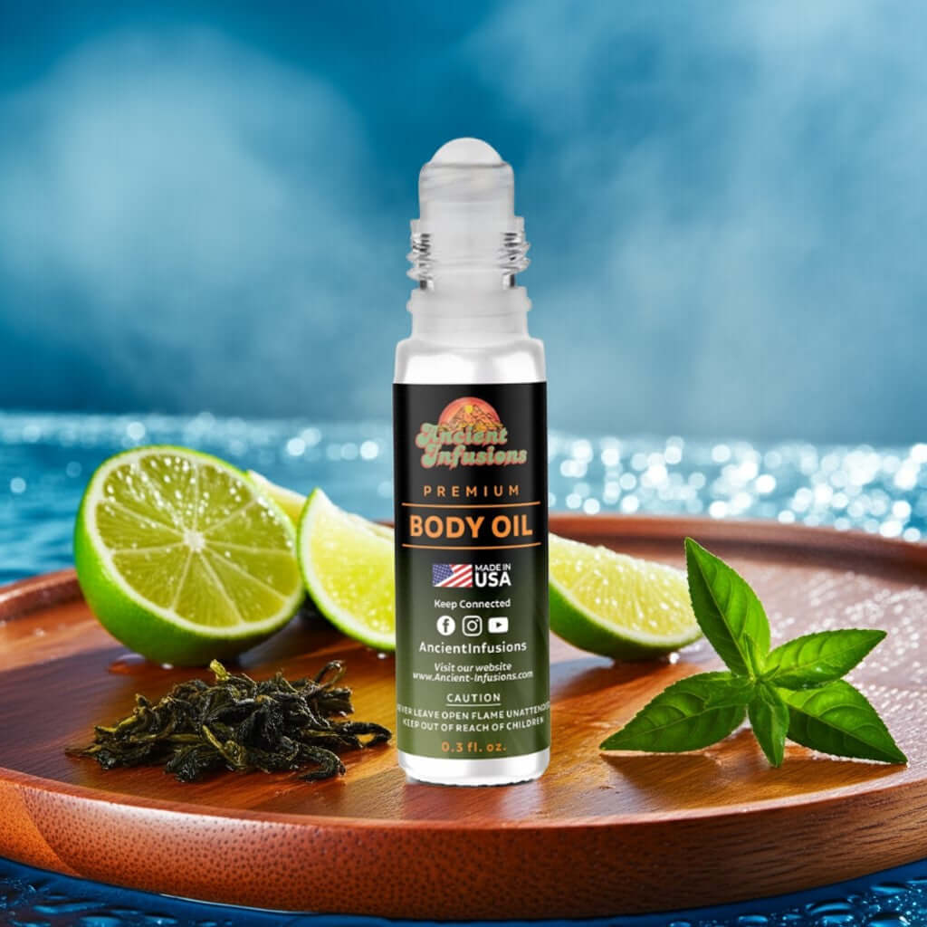 Azzaro Chrome Inspired Body Oil with citrus and mint leaves on a wooden tray by the sea.