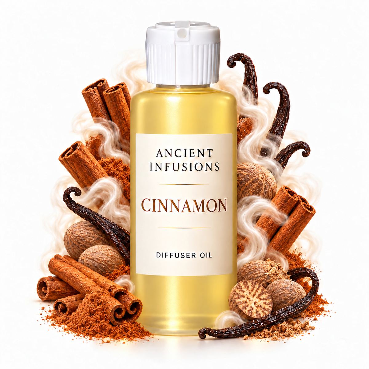 Cinnamon Diffuser Oil by Ancient Infusions with golden oil, white cap and matching scent artwork