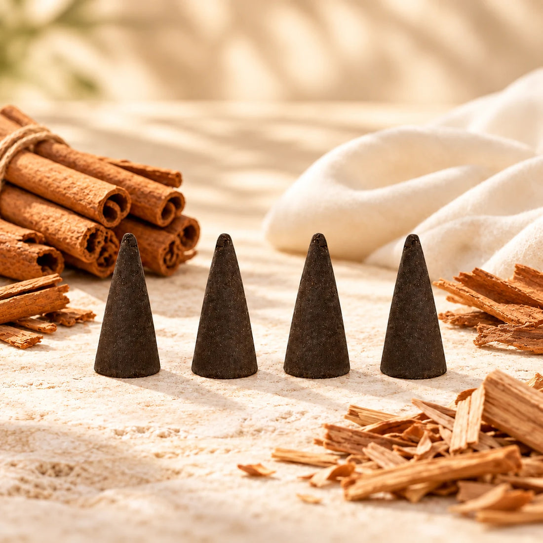 Cinnamon incense cones with cinnamon bark.