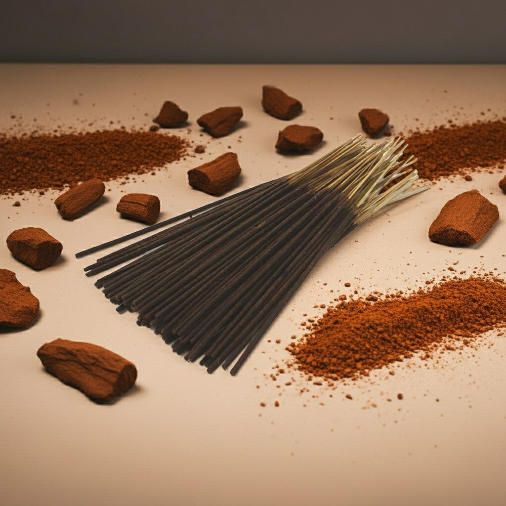 Cinnamon Incense Sticks  with scattered incense particles and brown resin on a beige surface