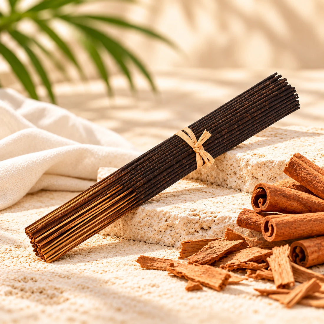 Cinnamon incense sticks with cinnamon bark.