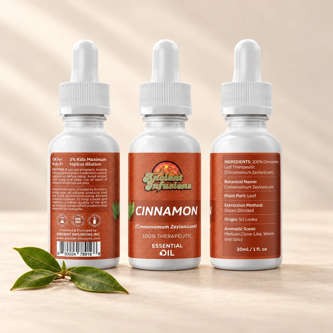 Ancient Infusions Cinnamon Leaf Essential Oil bottle with botanicals on a soft ivory background.