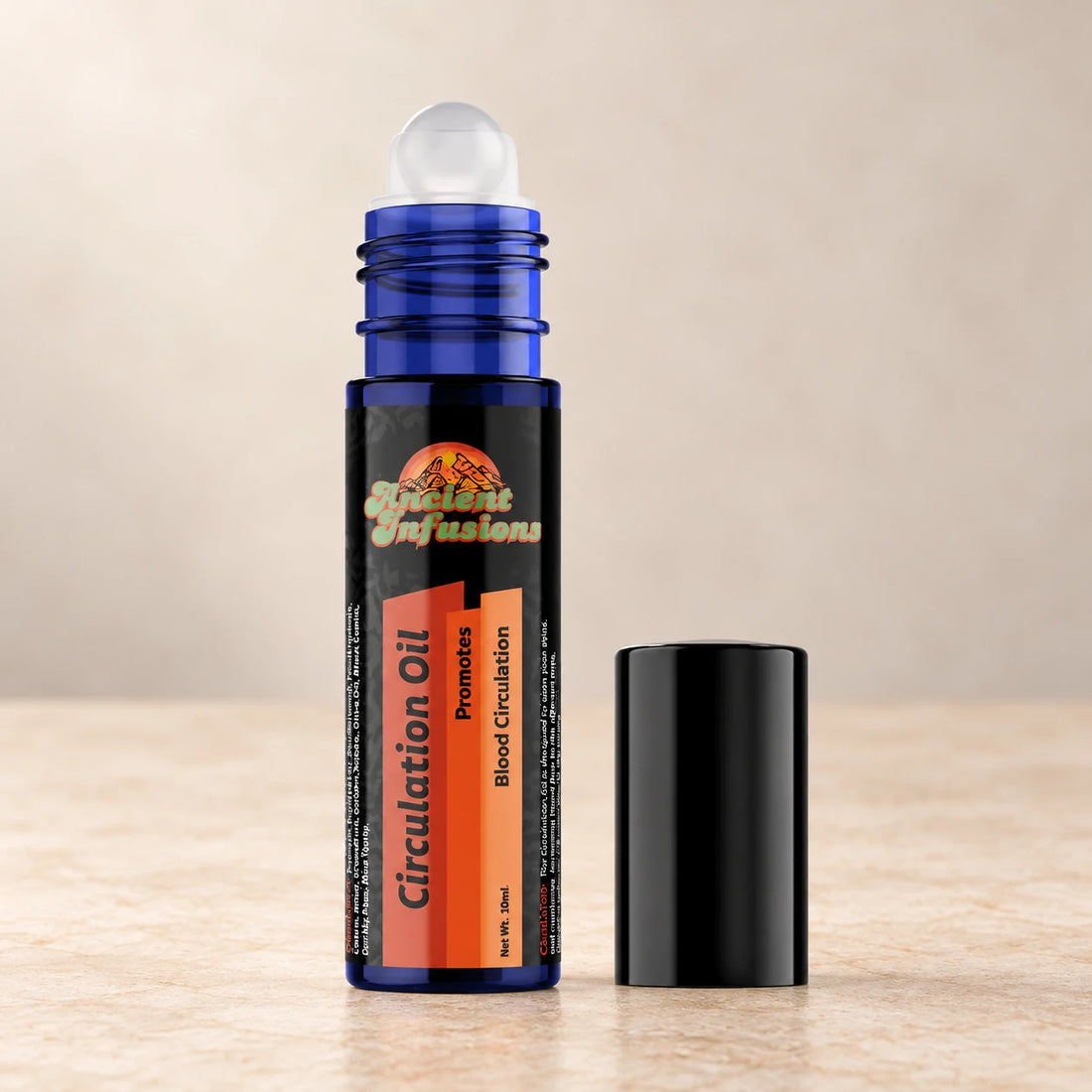 Ancient Infusions Circulation Herbal Remedy Oil Warm & Balance single roller bottle with botanical accents on a soft ivory stone background.